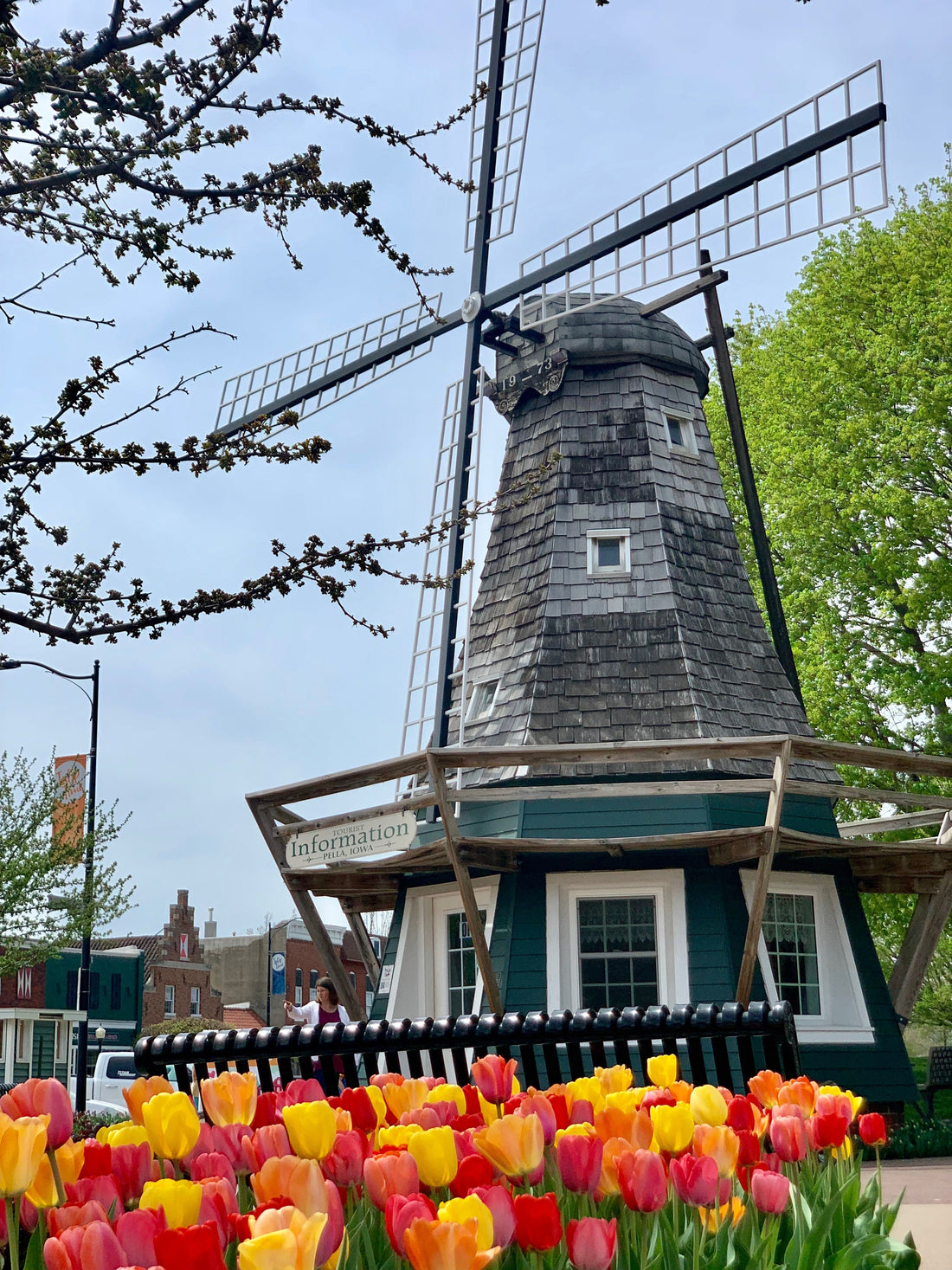 Pella Iowa's Information Windmill in Central Park, surrounded by pink, red, yellow, and orange tulips