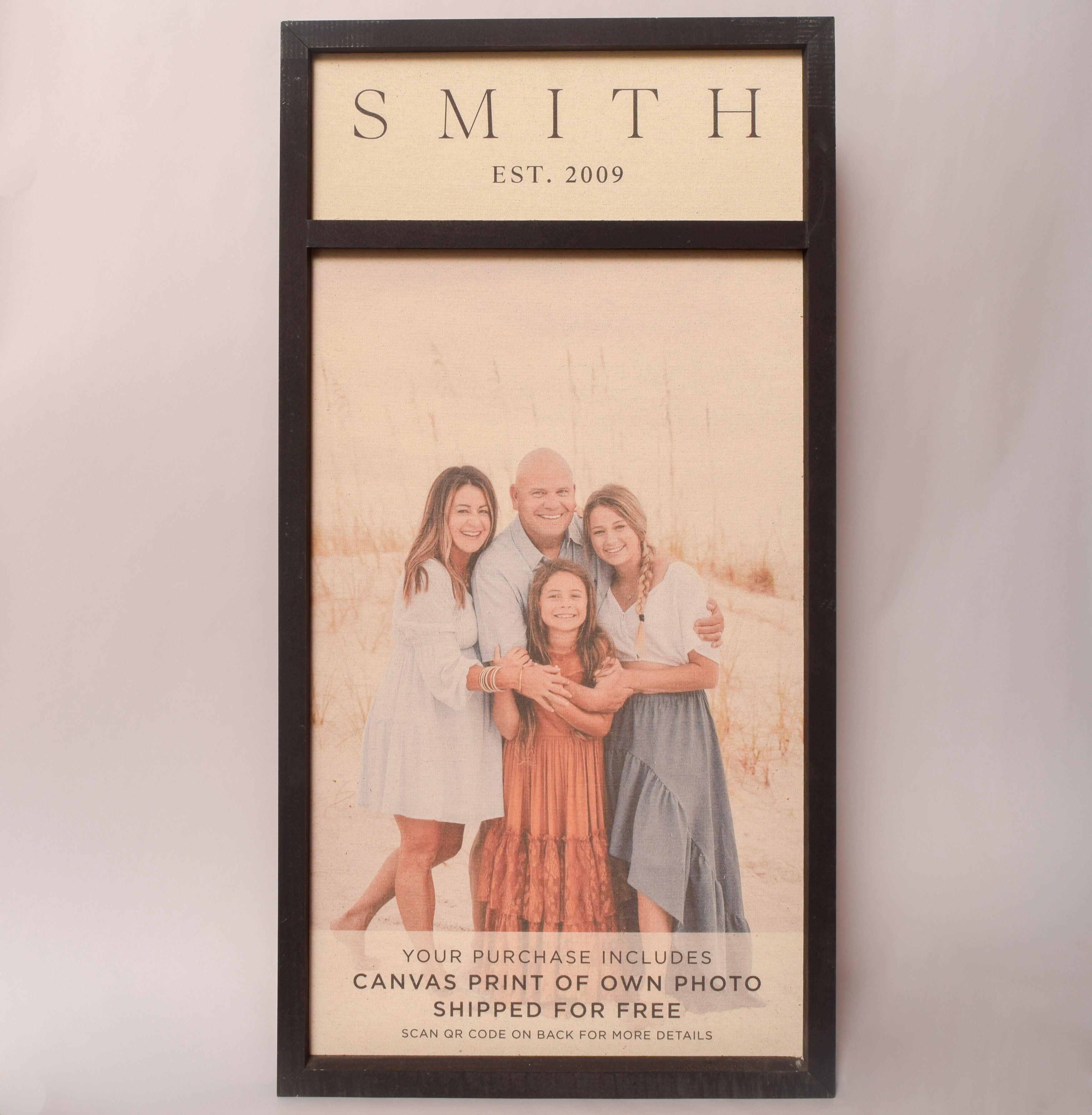 18x35 black oak custom photo frame with name and date, sold at Thistles in Pella, Iowa