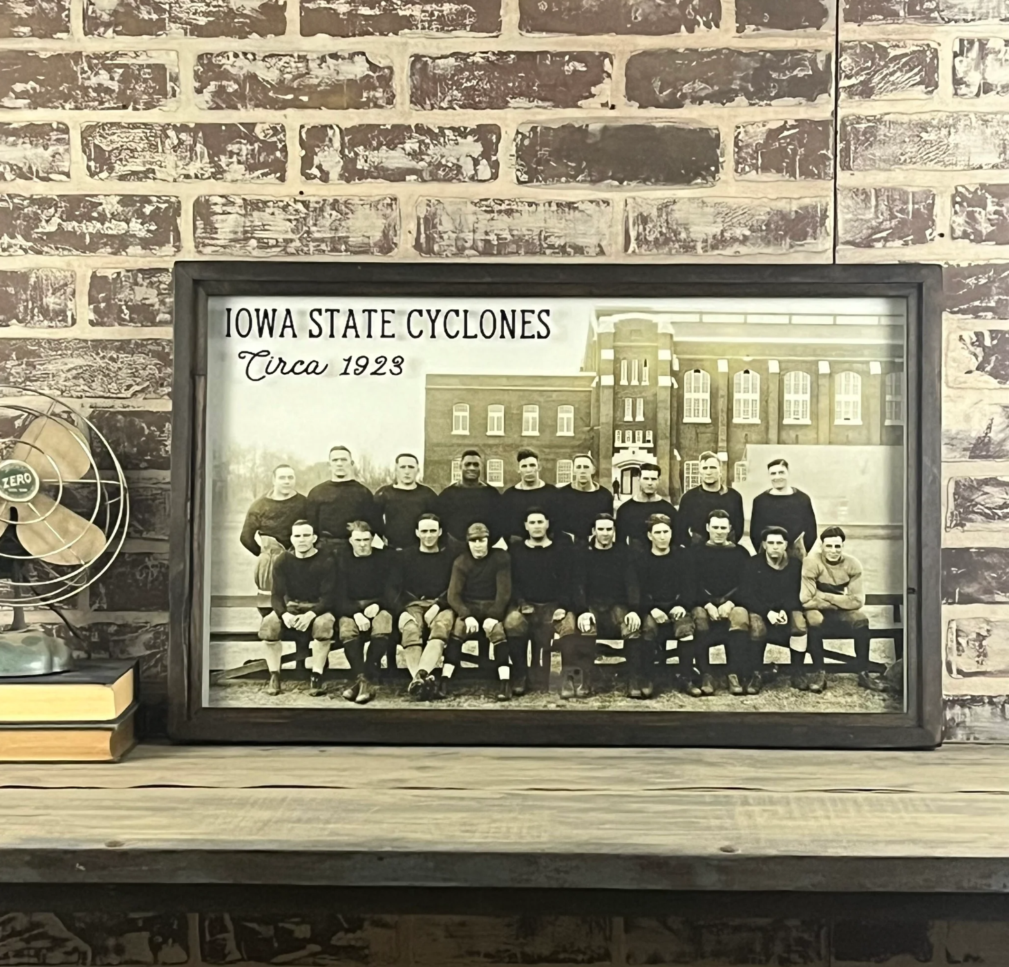 Framed reproduction photo of the 1923 Iowa State Cyclones football team, sold at Thistles in Pella, Iowa