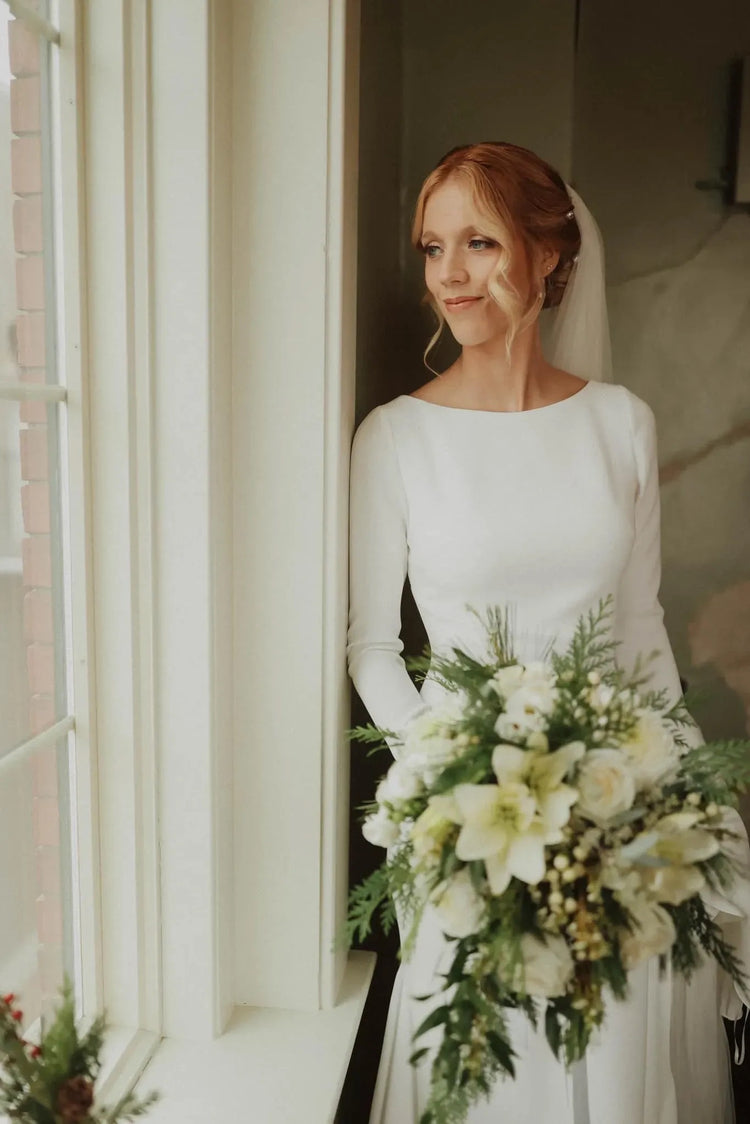 Winter bridal bouquet with white and green blooms, Pella, Iowa