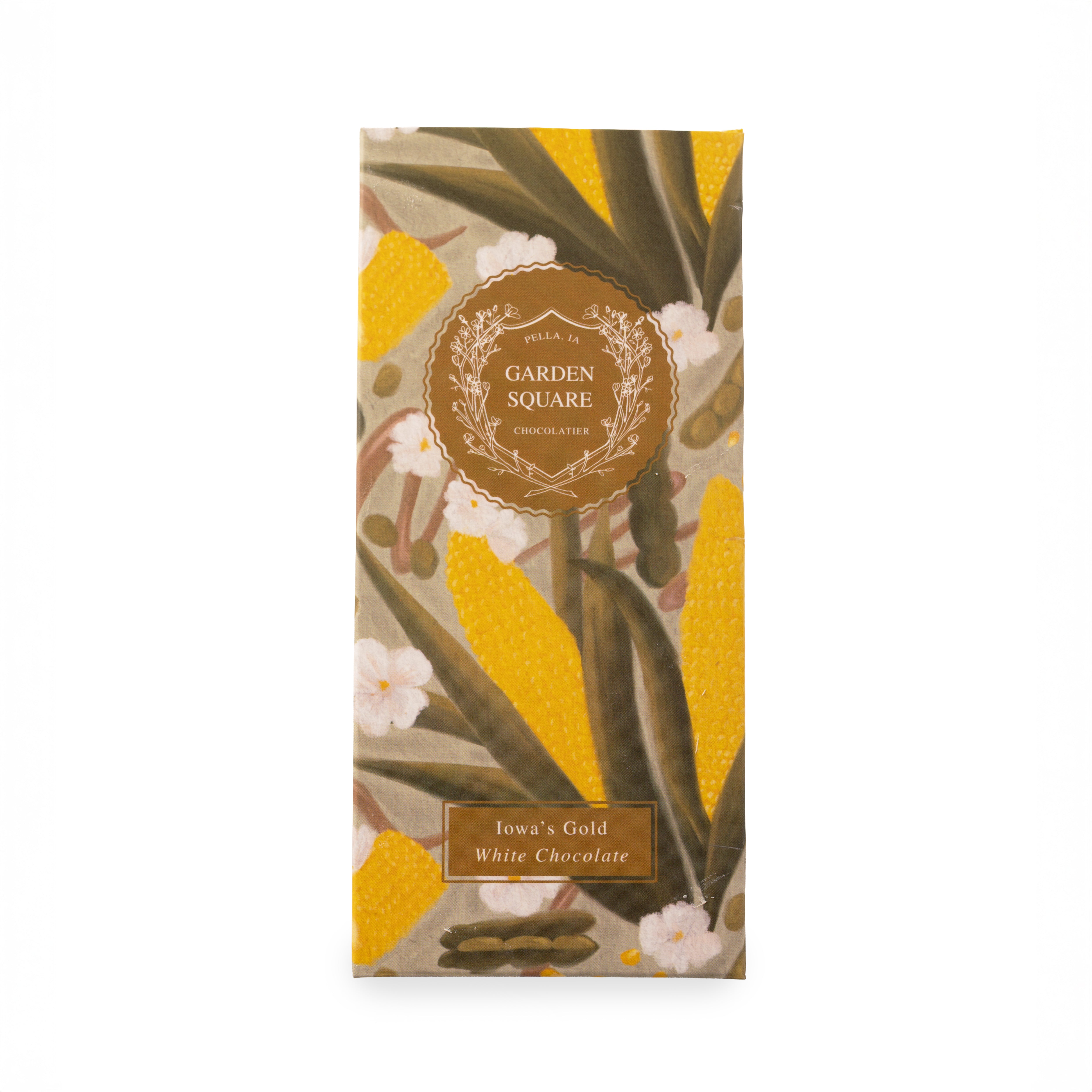 Garden Square Iowa's Gold chocolate bar packaging with corn design, Pella, Iowa