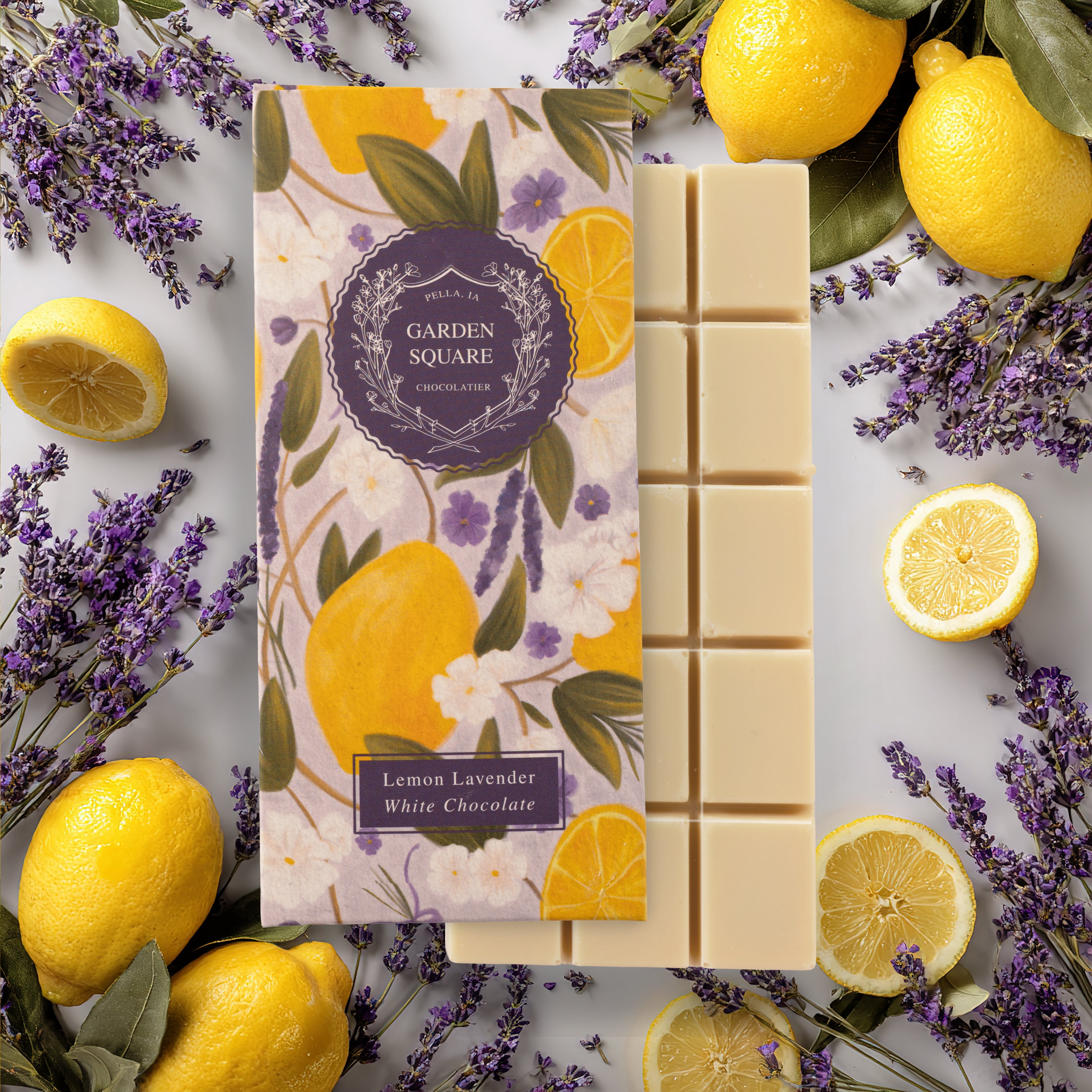 Garden Square Lemon Lavender white chocolate bar with retail box, Pella, Iowa