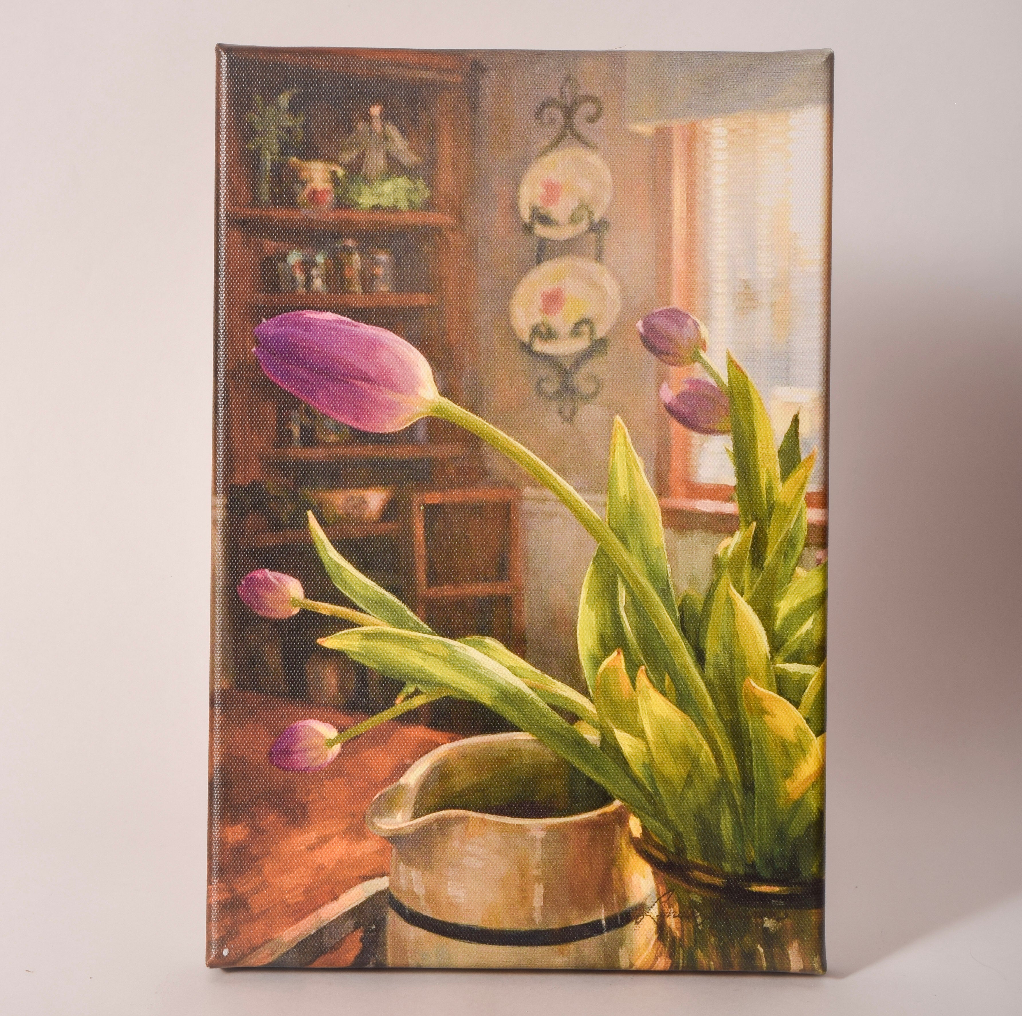 Canvas print of tulips in a vase inside a cottage kitchen, sold at Thistles in Pella, Iowa